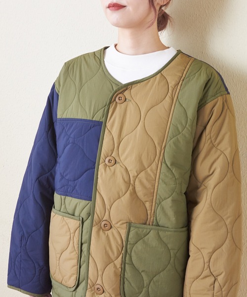 CUBE SUGAR（キューブシュガー）の「ナイロンキルト配色切替ジャケット（ミリタリージャケット・レディース・ベージュ/マルチ/ブラック/カーキ・M）」の22枚目の写真