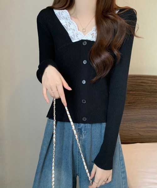 Miniministore(ミニミニストア)の「ニットトップス Vネック レース切替え(ニット/セーター・レディース・ベージュ/ホワイト/ブラック・FREE)」の8枚目の写真