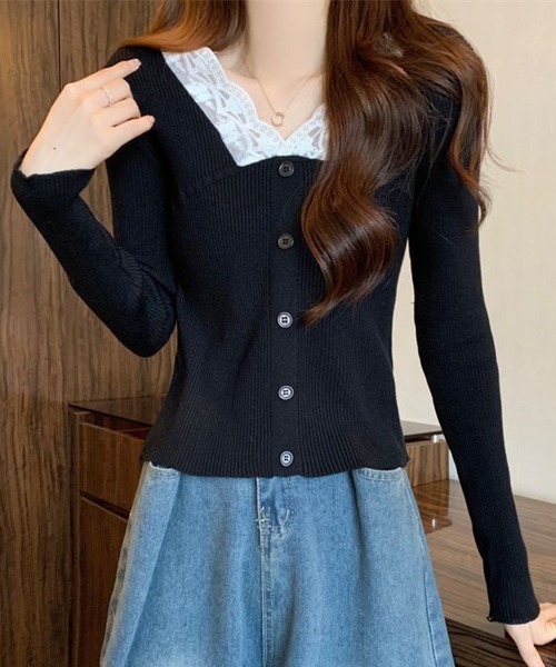 Miniministore(ミニミニストア)の「ニットトップス Vネック レース切替え(ニット/セーター・レディース・ベージュ/ホワイト/ブラック・FREE)」の10枚目の写真