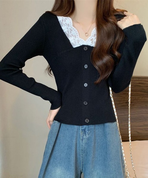 Miniministore(ミニミニストア)の「ニットトップス Vネック レース切替え(ニット/セーター・レディース・ベージュ/ホワイト/ブラック・FREE)」の11枚目の写真