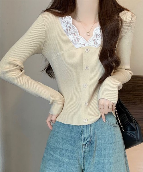Miniministore(ミニミニストア)の「ニットトップス Vネック レース切替え(ニット/セーター・レディース・ベージュ/ホワイト/ブラック・FREE)」の12枚目の写真