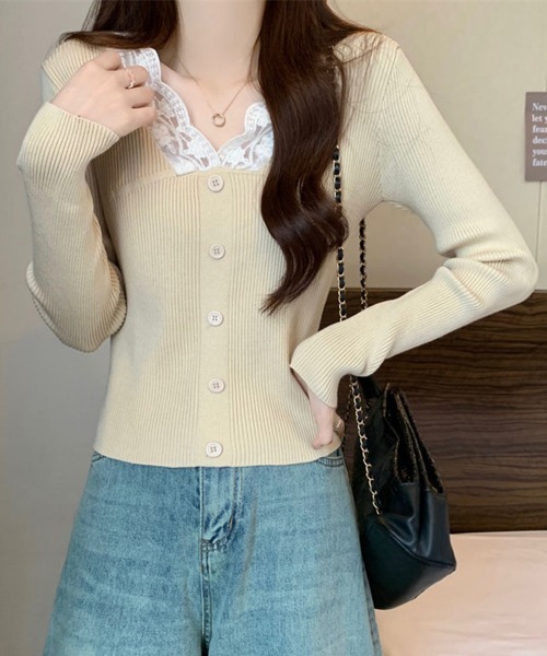 Miniministore(ミニミニストア)の「ニットトップス Vネック レース切替え(ニット/セーター・レディース・ベージュ/ホワイト/ブラック・FREE)」の13枚目の写真