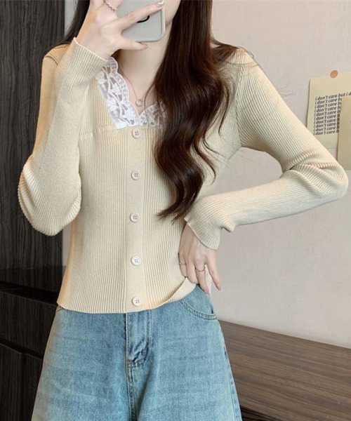 Miniministore(ミニミニストア)の「ニットトップス Vネック レース切替え(ニット/セーター・レディース・ベージュ/ホワイト/ブラック・FREE)」の14枚目の写真
