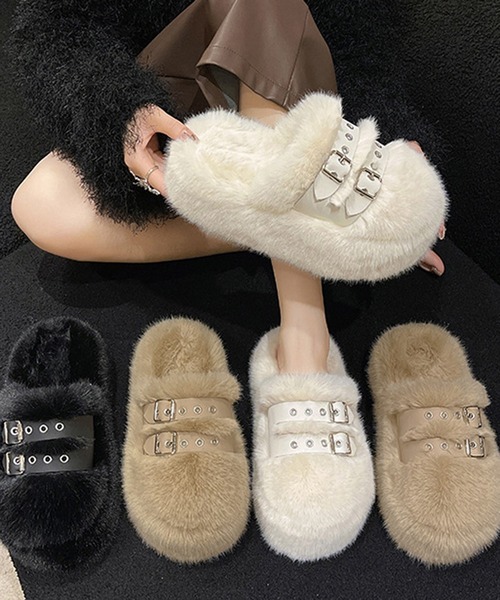 セール】バックルデザイン厚底ファーサンダル（その他シューズ
