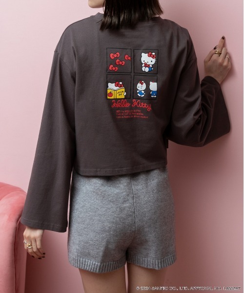 ad thie(アドティエ)の「【HELLO KITTY】 前後プリント ショート丈ロングTシャツ(Tシャツ/カットソー・レディース・オフホワイト/チャコール・FREE)」の1枚目の写真