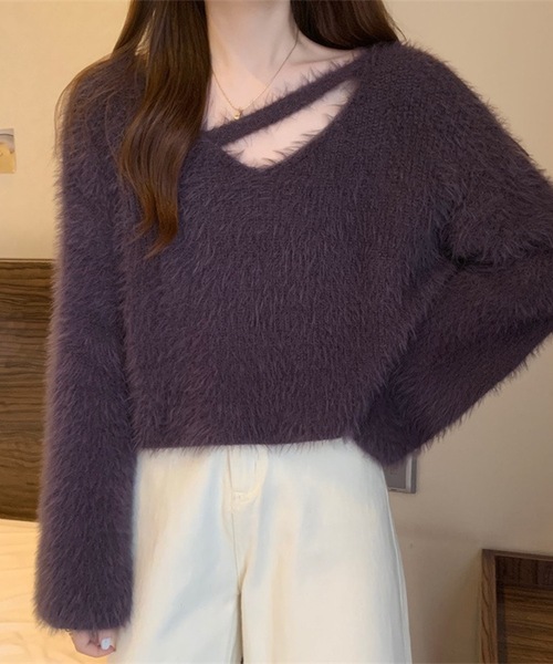 Lace Ladies(レースレディース)の「ソリッドカラー Vネック コンパクト シャギー ニット プルオーバー(ニット/セーター・レディース・パープル/ブラック/アイボリー/ライトグレー・FREE)」の4枚目の写真