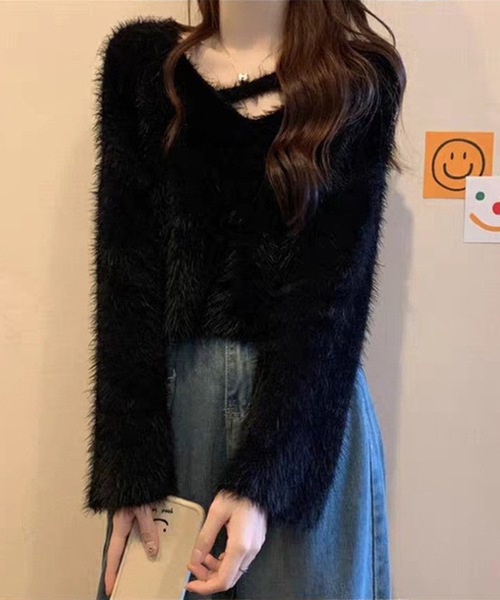 Lace Ladies(レースレディース)の「ソリッドカラー Vネック コンパクト シャギー ニット プルオーバー(ニット/セーター・レディース・パープル/ブラック/アイボリー/ライトグレー・FREE)」の6枚目の写真