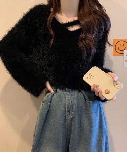 Lace Ladies(レースレディース)の「ソリッドカラー Vネック コンパクト シャギー ニット プルオーバー(ニット/セーター・レディース・パープル/ブラック/アイボリー/ライトグレー・FREE)」の7枚目の写真