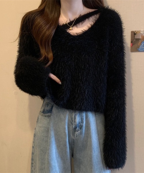 Lace Ladies(レースレディース)の「ソリッドカラー Vネック コンパクト シャギー ニット プルオーバー(ニット/セーター・レディース・パープル/ブラック/アイボリー/ライトグレー・FREE)」の8枚目の写真