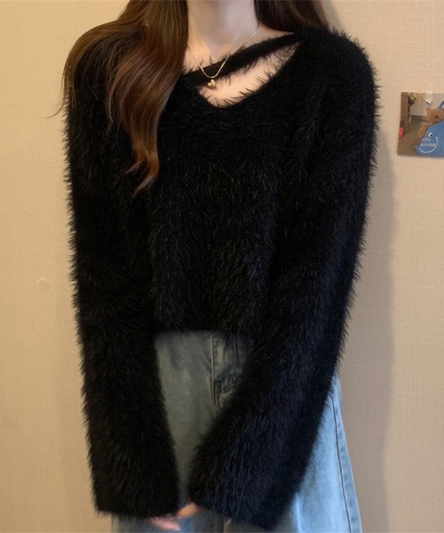 Lace Ladies(レースレディース)の「ソリッドカラー Vネック コンパクト シャギー ニット プルオーバー(ニット/セーター・レディース・パープル/ブラック/アイボリー/ライトグレー・FREE)」の9枚目の写真