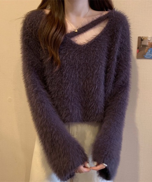 Lace Ladies(レースレディース)の「ソリッドカラー Vネック コンパクト シャギー ニット プルオーバー(ニット/セーター・レディース・パープル/ブラック/アイボリー/ライトグレー・FREE)」の10枚目の写真