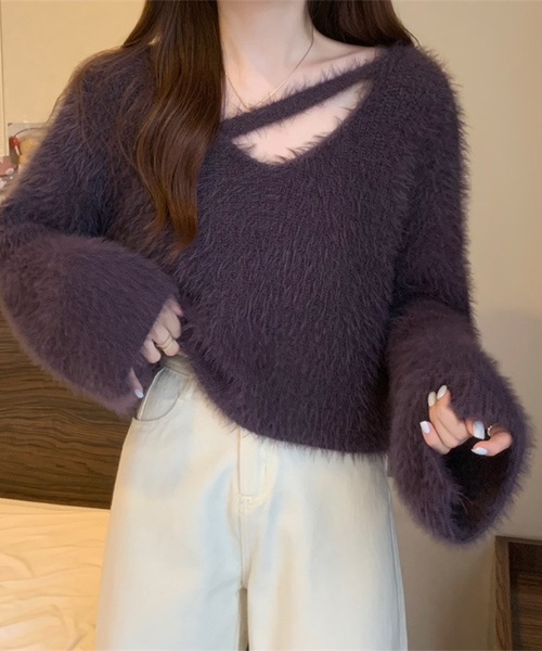 Lace Ladies(レースレディース)の「ソリッドカラー Vネック コンパクト シャギー ニット プルオーバー(ニット/セーター・レディース・パープル/ブラック/アイボリー/ライトグレー・FREE)」の11枚目の写真