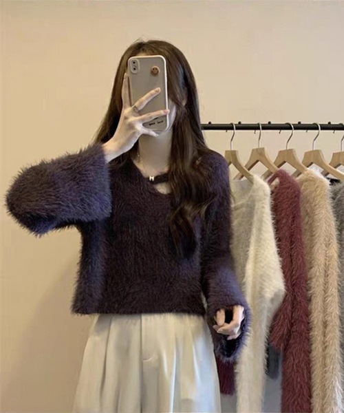 Lace Ladies(レースレディース)の「ソリッドカラー Vネック コンパクト シャギー ニット プルオーバー(ニット/セーター・レディース・パープル/ブラック/アイボリー/ライトグレー・FREE)」の12枚目の写真
