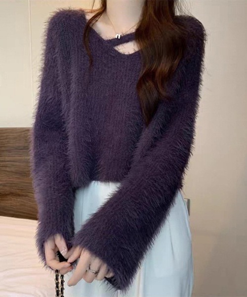 Lace Ladies(レースレディース)の「ソリッドカラー Vネック コンパクト シャギー ニット プルオーバー(ニット/セーター・レディース・パープル/ブラック/アイボリー/ライトグレー・FREE)」の14枚目の写真