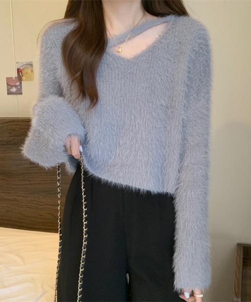 Lace Ladies(レースレディース)の「ソリッドカラー Vネック コンパクト シャギー ニット プルオーバー(ニット/セーター・レディース・パープル/ブラック/アイボリー/ライトグレー・FREE)」の15枚目の写真