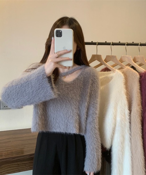 Lace Ladies(レースレディース)の「ソリッドカラー Vネック コンパクト シャギー ニット プルオーバー(ニット/セーター・レディース・パープル/ブラック/アイボリー/ライトグレー・FREE)」の17枚目の写真