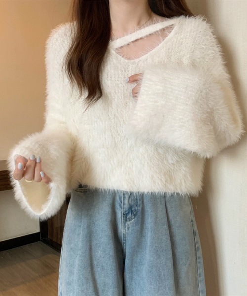 Lace Ladies(レースレディース)の「ソリッドカラー Vネック コンパクト シャギー ニット プルオーバー(ニット/セーター・レディース・パープル/ブラック/アイボリー/ライトグレー・FREE)」の21枚目の写真