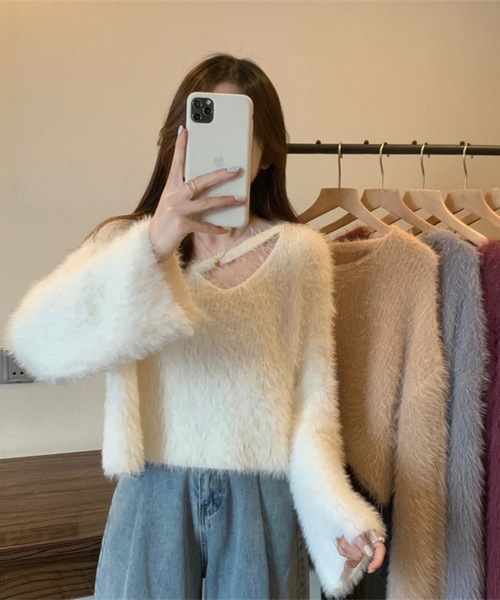 Lace Ladies(レースレディース)の「ソリッドカラー Vネック コンパクト シャギー ニット プルオーバー(ニット/セーター・レディース・パープル/ブラック/アイボリー/ライトグレー・FREE)」の22枚目の写真