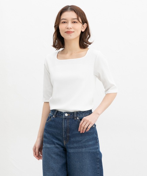 Honeys(ハニーズ)の「【ハニさら・接触冷感・UVカット】スクエアネックトップス(Tシャツ/カットソー・レディース・イエロー系その他/ホワイト×ブラック/グレイッシュベージュ/ブラック/オレンジ/ホワイト系その他/ホワイト・L/LL/M/S)」の15枚目の写真