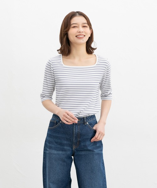 Honeys(ハニーズ)の「【ハニさら・接触冷感・UVカット】スクエアネックトップス(Tシャツ/カットソー・レディース・イエロー系その他/ホワイト×ブラック/グレイッシュベージュ/ブラック/オレンジ/ホワイト系その他/ホワイト・L/LL/M/S)」の19枚目の写真