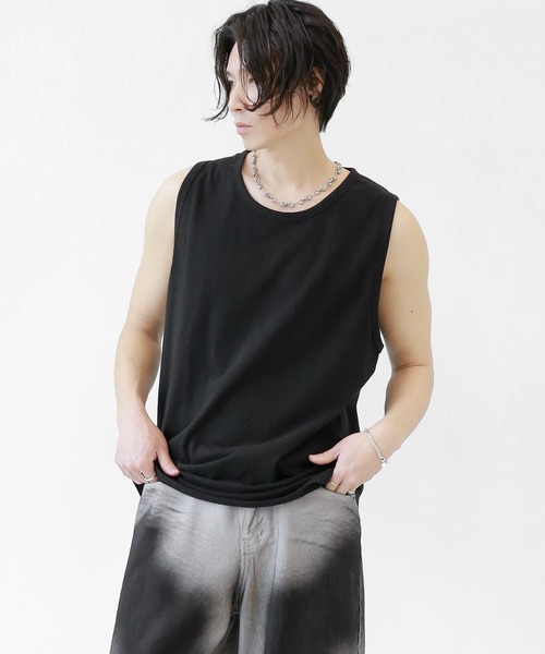 minsobi（ミンソビ）の「デイリー無地タンクトップ　ベーシック ワイド ノースリーブトップス（タンクトップ・メンズ・ブラック/チャコール/アイボリー・FREE）」の5枚目の写真