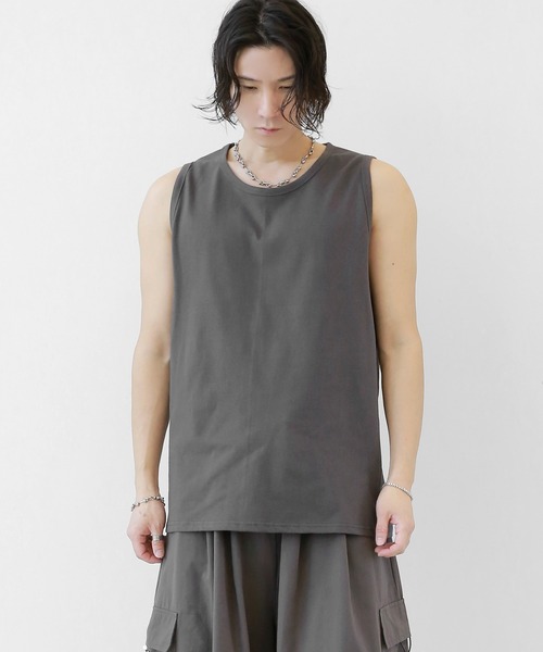 minsobi（ミンソビ）の「デイリー無地タンクトップ　ベーシック ワイド ノースリーブトップス（タンクトップ・メンズ・ブラック/チャコール/アイボリー・FREE）」の7枚目の写真