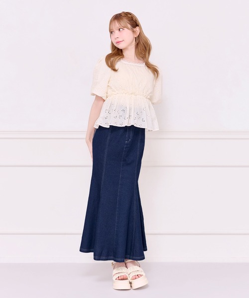 美品▲ebure エブール //デニムフレアスカート▲ネイビー　紺色 フリンジフレアデニムスカート