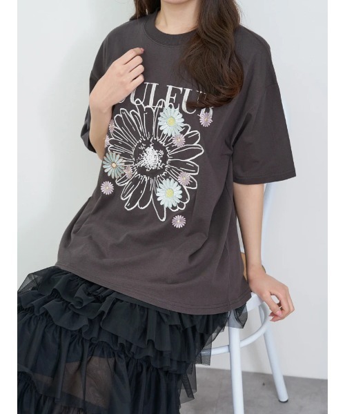 慈雨 リネン カットソー Tシャツ サークル 刺繍 Lサイズ ブラック メニーフラワー刺繍Tシャツ（Tシャツ/カットソー）｜LUDIC PARK
