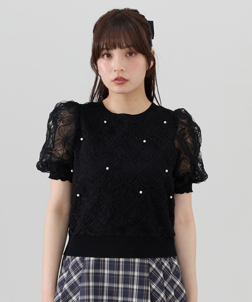 REDYAZEL（レディアゼル）の「フラワーチュールドッキングニットトップス（ニット/セーター・レディース・ブラック/オフホワイト/ピンク・FREE）」の12枚目の写真