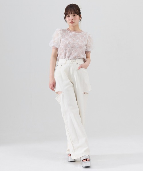 REDYAZEL（レディアゼル）の「フラワーチュールドッキングニットトップス（ニット/セーター・レディース・ブラック/オフホワイト/ピンク・FREE）」の21枚目の写真