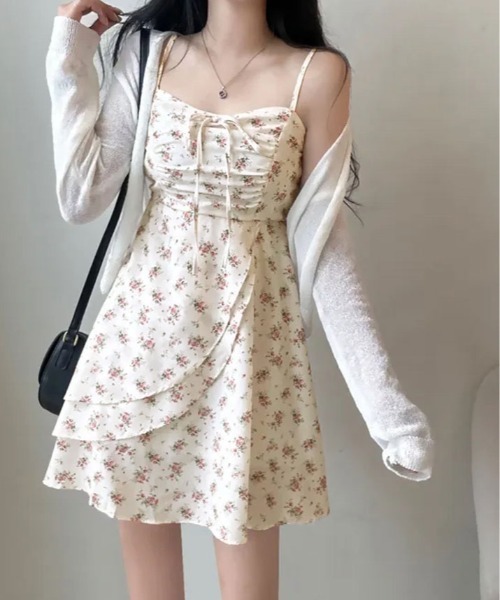 最終価格❗️アトリエgg★キャミワンピ19ハーフ★ヒッコリー花柄ショコラデバニラ セール】1枚で甘さ満開。小花柄 ミニ キャミ ワンピース