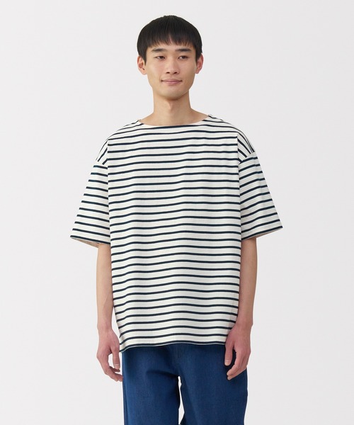 無印良品(ムジルシリョウヒン)の「紳士 洗いざらし太番手ボートネック五分袖Tシャツ(Tシャツ/カットソー・メンズ・カーキ系/ブラック系/ホワイト系/ネイビー系・L/M/S/XL)」の2枚目の写真