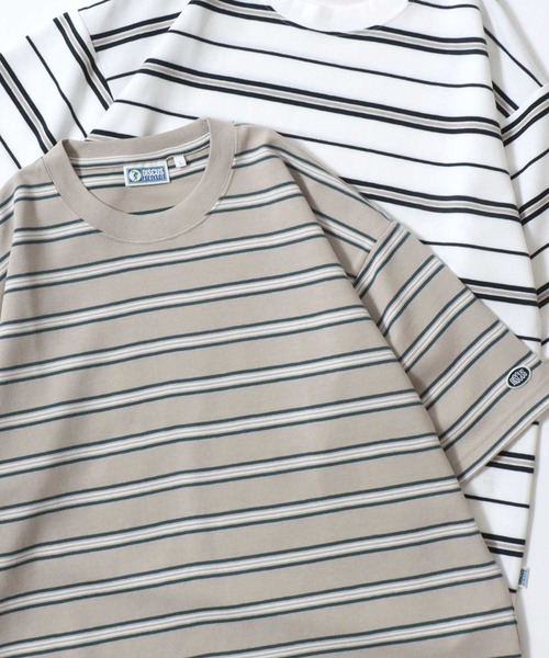 DISCUS（ディスカス）の「2026SS新色追加 DISCUS/ディスカス COOLMAX(R) ダンボールニット ロゴワッペン刺繍 ボーダー オーバーサイズ 半袖Tシャツ レディース メンズ（Tシャツ/カットソー・メンズ・ホワイト系その他/ブラック系その他/グレー系その他/グリーン系その他/グリーン系その他2/ホワイト系その他3/ベージュ系その他/ホワイト系その他2・LL/M/L）」の6枚目の写真