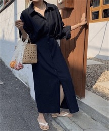 ウエスト切り替えタックロングシャツワンピース