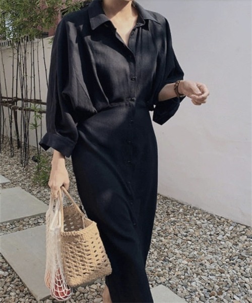 FREE STYLISTS(フリー スタイリスト)の「ウエスト切り替えタックロングシャツワンピース(シャツワンピース・レディース・ブラック/ベージュ・M/L)」の5枚目の写真