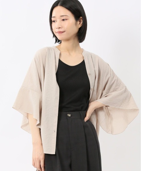 m.f.editorial(エムエフエディトリアル)の「【UVカット 高通気 イージーケア】m.f.エディトリアル レディース 袖フレア 前開き マオカラー チュニック(シャツ/ブラウス・レディース・ベージュ/ピンク系その他・MEDIUM/LARGE)」の1枚目の写真
