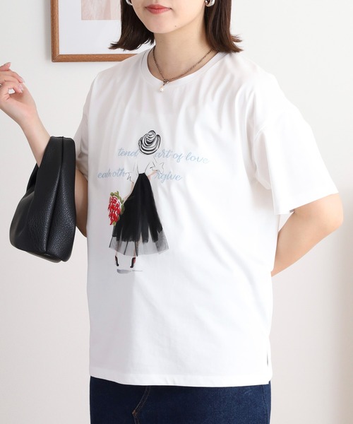 Anna Nicola(アンナニコラ)の「Anna Nicola ガールデザイン半袖Tシャツ(Tシャツ/カットソー・レディース・ネイビー/サックスブルー/オフホワイト・38)」の4枚目の写真