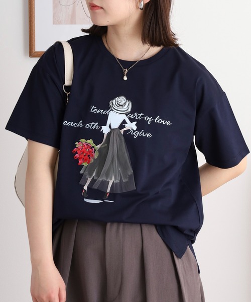 Anna Nicola(アンナニコラ)の「Anna Nicola ガールデザイン半袖Tシャツ(Tシャツ/カットソー・レディース・ネイビー/サックスブルー/オフホワイト・38)」の12枚目の写真