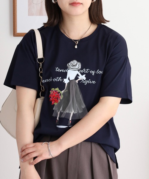 Anna Nicola(アンナニコラ)の「Anna Nicola ガールデザイン半袖Tシャツ(Tシャツ/カットソー・レディース・ネイビー/サックスブルー/オフホワイト・38)」の14枚目の写真