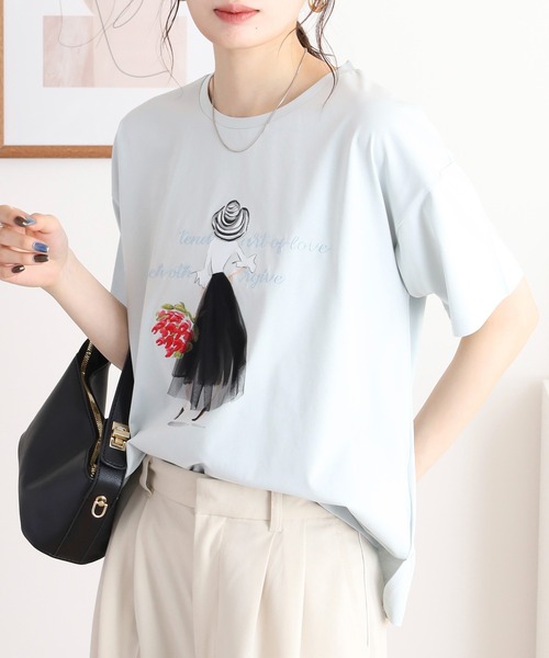 Anna Nicola(アンナニコラ)の「Anna Nicola ガールデザイン半袖Tシャツ(Tシャツ/カットソー・レディース・ネイビー/サックスブルー/オフホワイト・38)」の8枚目の写真