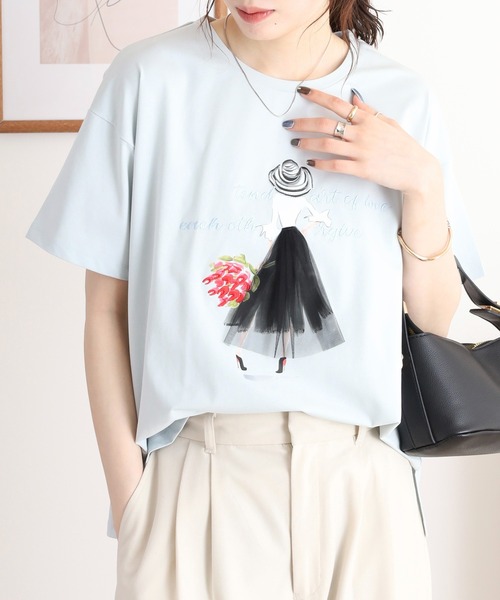 Anna Nicola(アンナニコラ)の「Anna Nicola ガールデザイン半袖Tシャツ(Tシャツ/カットソー・レディース・ネイビー/サックスブルー/オフホワイト・38)」の9枚目の写真