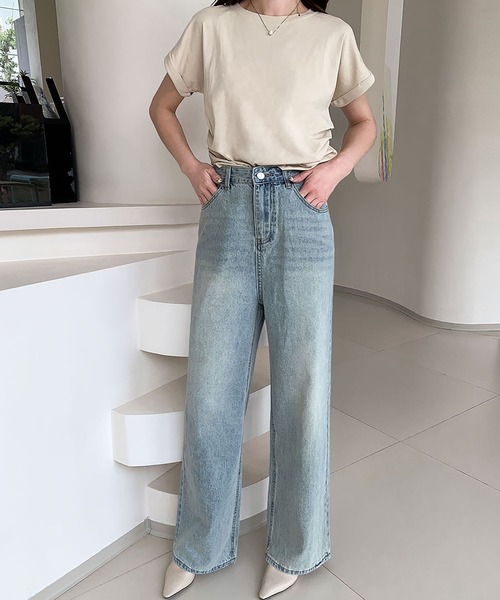 LOWO（ロワ）の「綿混ハイウエストワイドデニムパンツ（デニムパンツ・レディース・ネイビー/インディゴブルー/ブルー・L/M/S）」の7枚目の写真