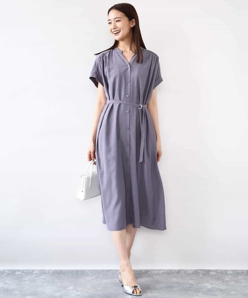 MK MICHEL KLEIN（エムケーミッシェルクラン）の「ベルト付きキーネックワンピース/洗える（ワンピース・レディース・モカ/パープル・38）」の3枚目の写真