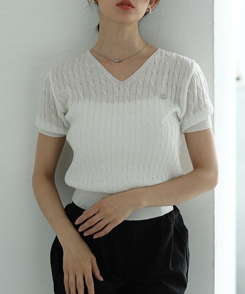 Sawa a la mode(サワアラモード)の「ケーブルサマーニットプルオーバー(ニット/セーター・レディース・ネイビー/イエロー/ベージュ/ホワイト/ピンク/ブルー・FREE)」の2枚目の写真