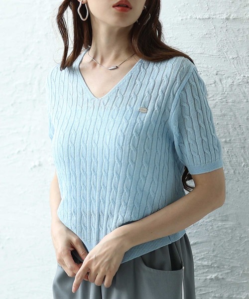 Sawa a la mode(サワアラモード)の「ケーブルサマーニットプルオーバー(ニット/セーター・レディース・ネイビー/イエロー/ベージュ/ホワイト/ピンク/ブルー・FREE)」の4枚目の写真