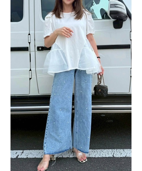 M y u(ミュー)の「パールワイドデニムパンツ(デニムパンツ・レディース・ブルー・MEDIUM/SMALL/LARGE)」の4枚目の写真