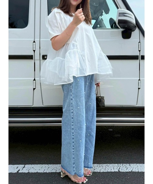 M y u(ミュー)の「パールワイドデニムパンツ(デニムパンツ・レディース・ブルー・MEDIUM/SMALL/LARGE)」の5枚目の写真