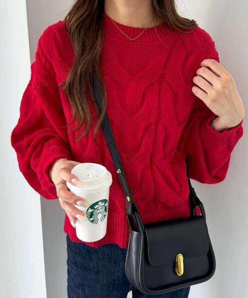 nelliy.（ネルリー）の「カラーケーブルニット（ニット/セーター・レディース・レッド/アイボリー・MEDIUM）」の9枚目の写真