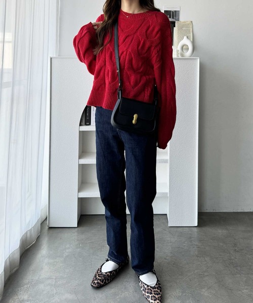 nelliy.（ネルリー）の「カラーケーブルニット（ニット/セーター・レディース・レッド/アイボリー・MEDIUM）」の12枚目の写真