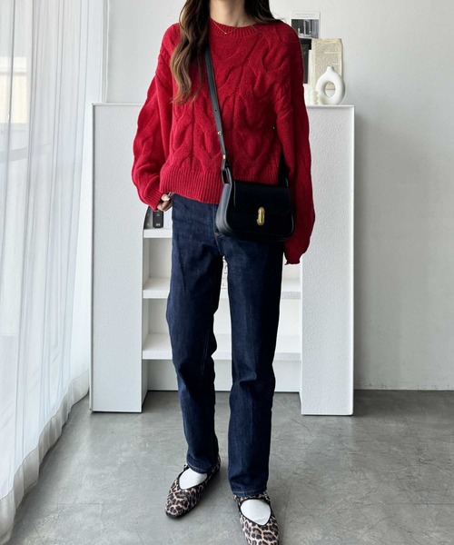 nelliy.（ネルリー）の「カラーケーブルニット（ニット/セーター・レディース・レッド/アイボリー・MEDIUM）」の13枚目の写真